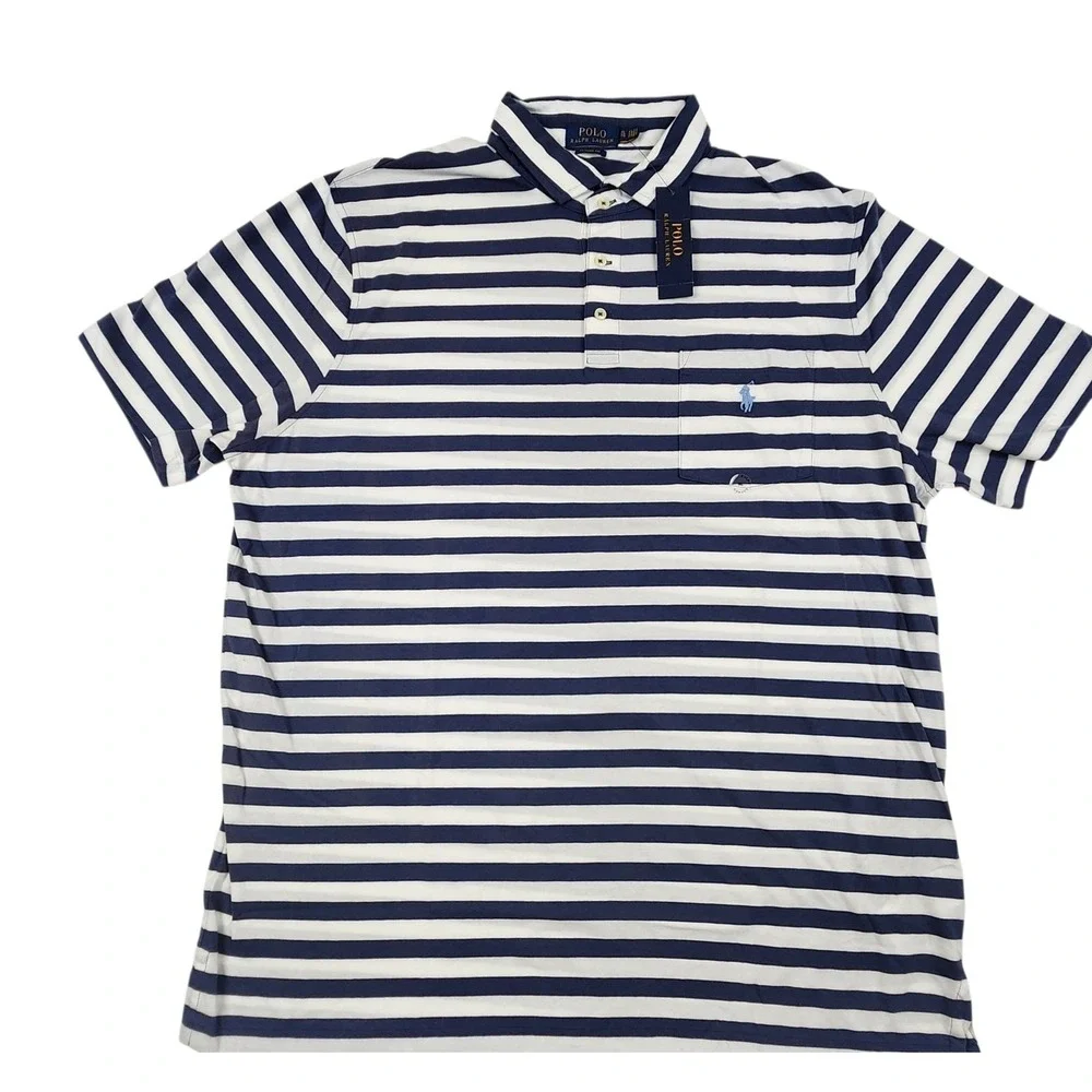 NWT Polo Ralph Lauren Striped Polo Shirt XL Blue Classic Fit Pocket Tee